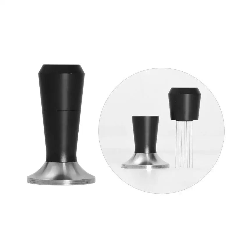 Black and stainless steel coffee distributor tamper set with textured grip handle for decorbites coffee distributor use