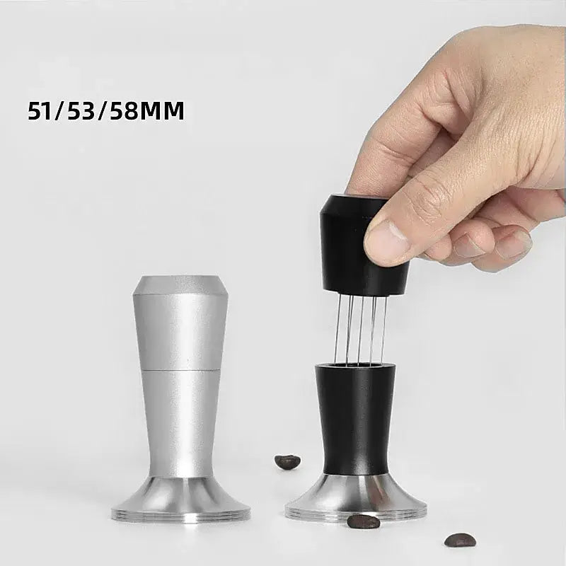 Black and stainless steel coffee distributor tamper set featuring silver and black sleek modern design for kitchen use