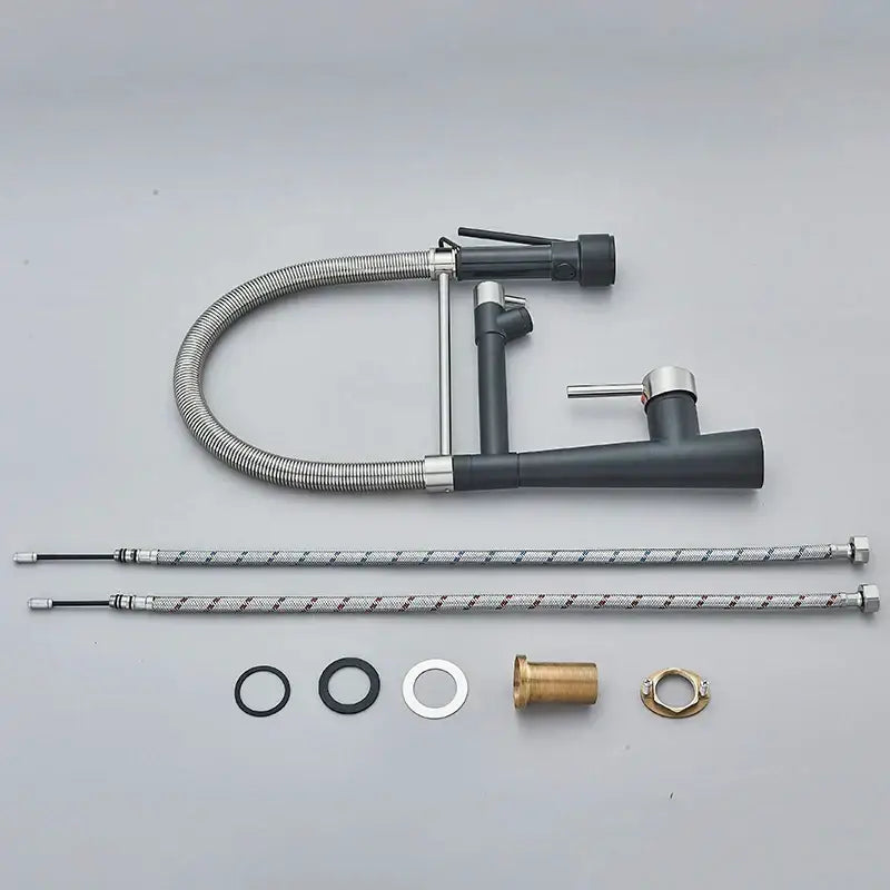 Modern black and stainless steel kitchen faucet with flexible braided hose and integrated spray head by decorbites brass pull