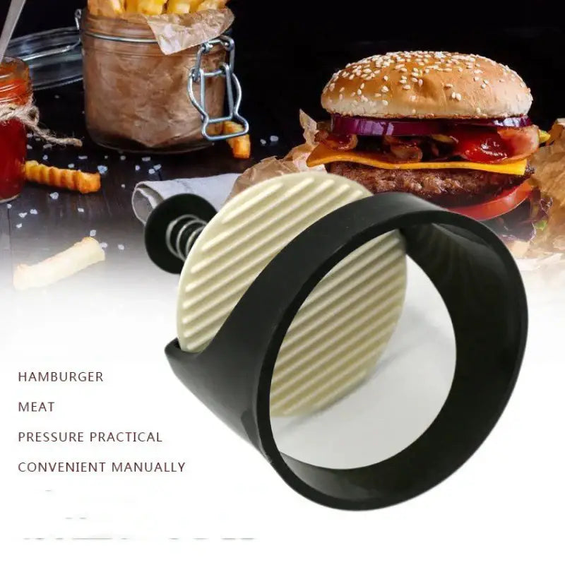 Black and white decorbites burger press with spring handle and ridged potato chip press for manual use