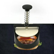 Black and white burger press with spring handle and white pressing plate by decorbites for kitchen meat making