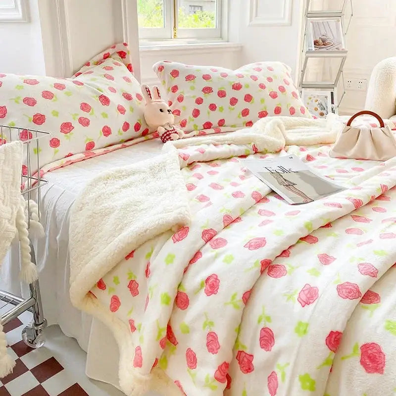 Fluffy white cozy blanket with pink green rose pattern complementing black and white cartoon print bedroom decorbites cartoon print