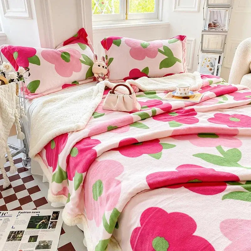 Pink floral throw blanket with green leaves on soft plush white fleece backing for decorbites cartoon print cozy blanket set