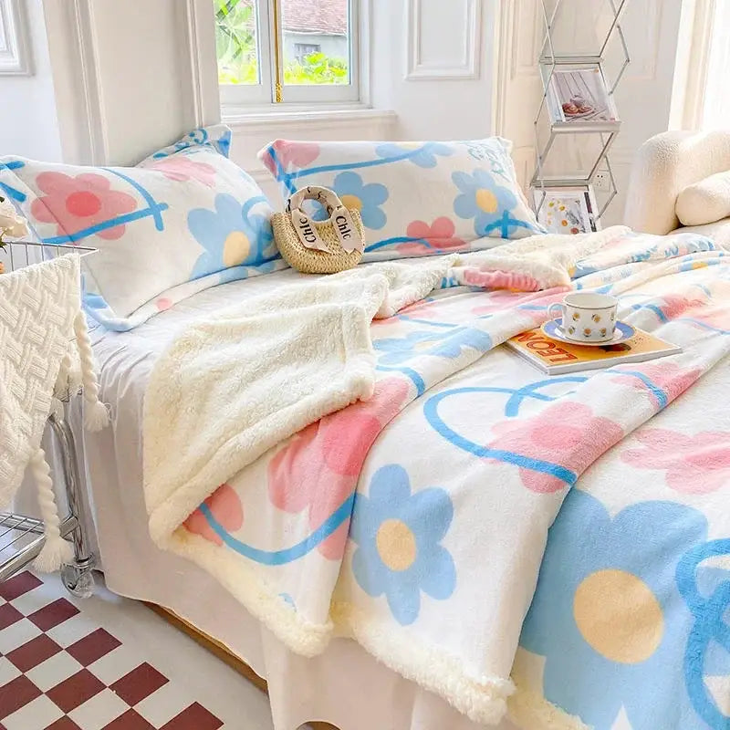 Cozy blanket with fluffy white and pastel floral design featuring decorbites cartoon print for bedroom use