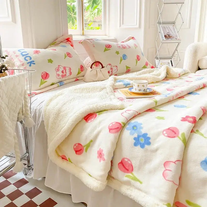Cream-colored plush cozy blanket with soft fuzzy texture and pink blue tulip cartoon print from decorbites cartoon print set