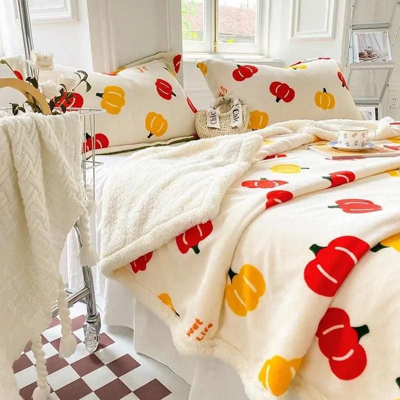 Cream-colored plush cozy blanket with soft fuzzy texture and vibrant red yellow pumpkin prints from decorbites cartoon print set