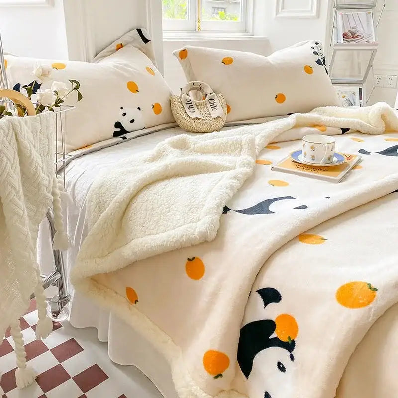 Cream-colored plush cozy blanket with soft fuzzy texture and decorbites cartoon print black and orange citrus patterns