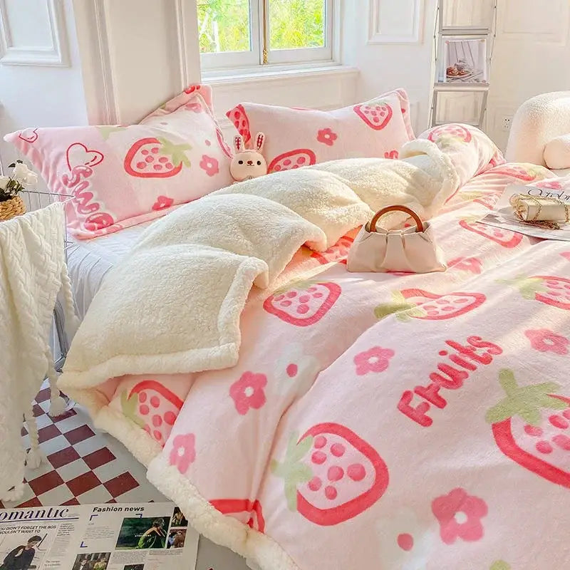 Pink strawberry-themed cozy blanket with soft fleece texture and white faux fur trim from decorbites cartoon print set