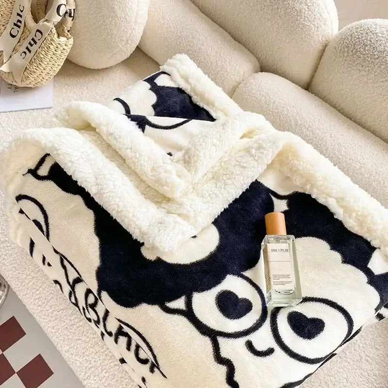 Cream-colored plush cozy blanket featuring a black decorbites cartoon print for bedroom sheep duvet set decor