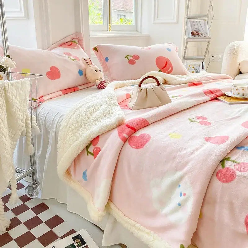 Pink cherry-patterned plush cozy blanket with soft white fleece border in decorbites cartoon print bedroom set