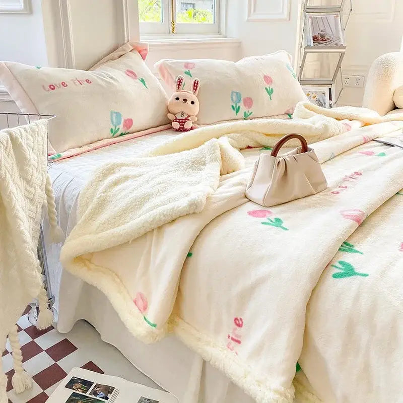 Cream-colored plush cozy blanket with pink and green tulip patterns featuring decorbites cartoon print design