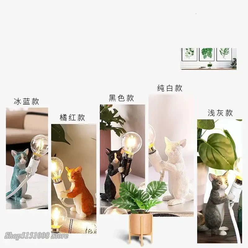 Black and white cat resin table lamp with glossy finish and exposed edison bulb for decorbites cat resin decor