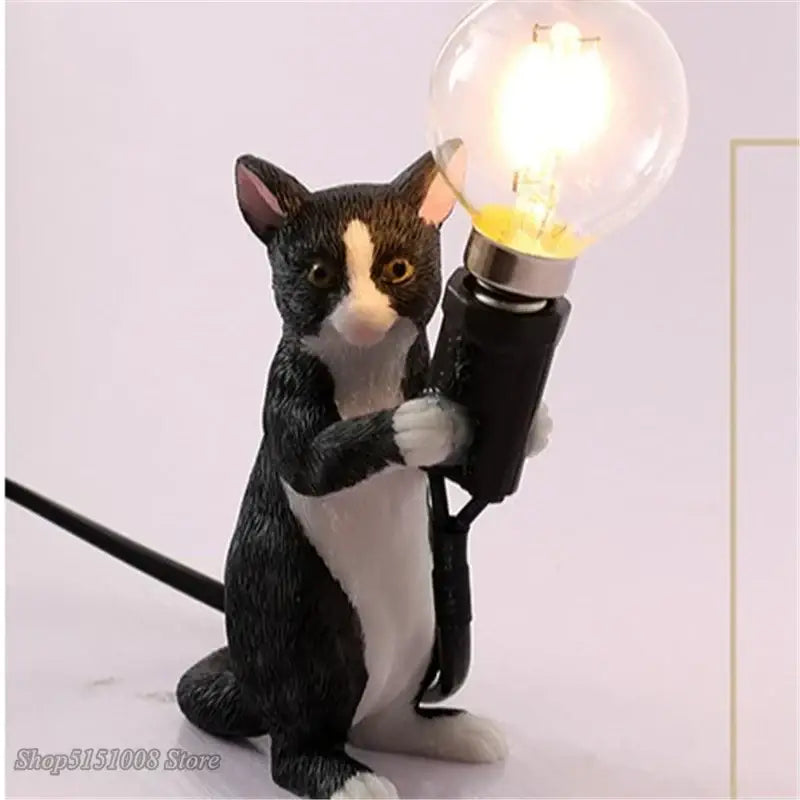 Black and white cat resin table lamp with glowing bulb for bedroom decorbites cat resin decor and resin table lamp
