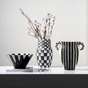Black and white check geometric ceramic vase with textured pattern for living room floral pot decor