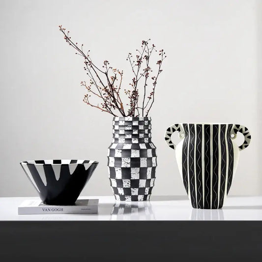Black and white check geometric ceramic vase with textured pattern for living room floral pot decor