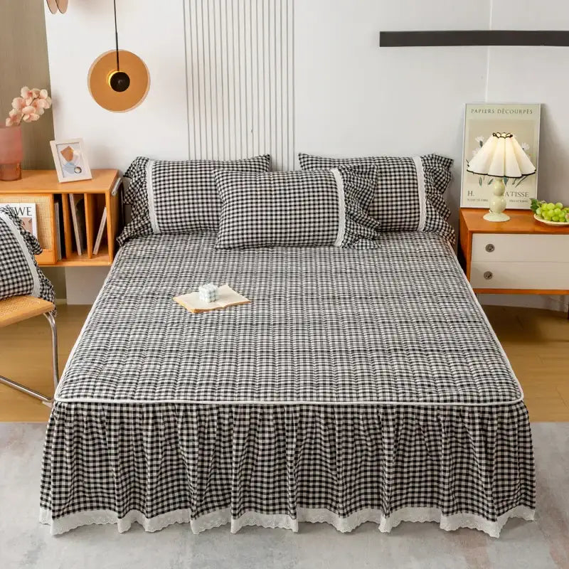 Black and white cotton plaid stripe bedding set with a checkered bed skirt and ruffled lace trim decorbites cotton plaid