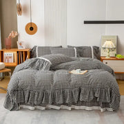 Black and white cotton plaid stripe bedding set with ruffled edges by decorbites for bedroom decor