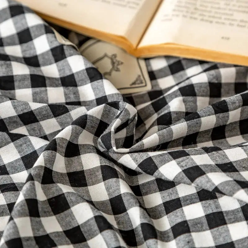 Black and white cotton plaid stripe bedding set featuring soft textured gingham fabric for bedroom decorbites collection