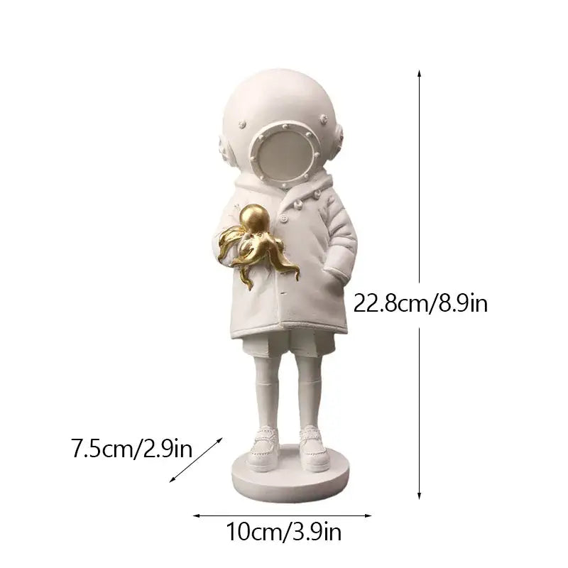 White resin diver girl resin statue holding a golden octopus black and white decor for living room
