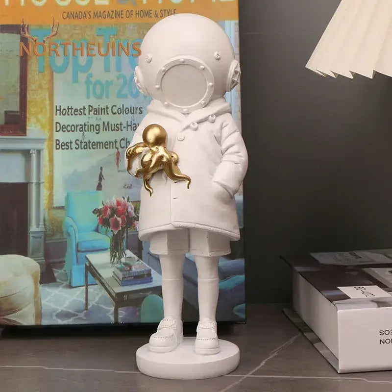 White astronaut figurine diver girl resin statue in coat holding golden octopus for living room decor