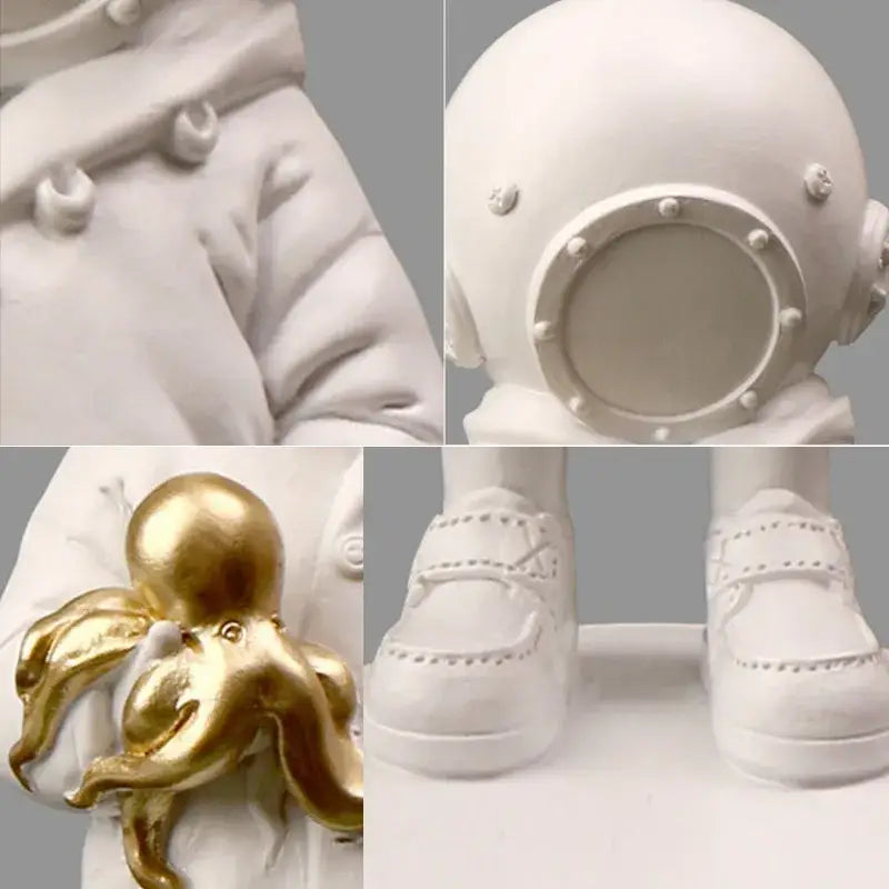 White diver girl resin statue holding a golden octopus for black and white living room octopus decor
