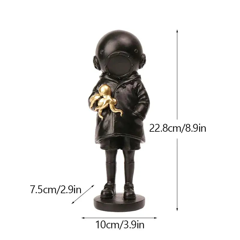 Black resin diver girl resin statue holding a golden octopus ideal for living room octopus decor