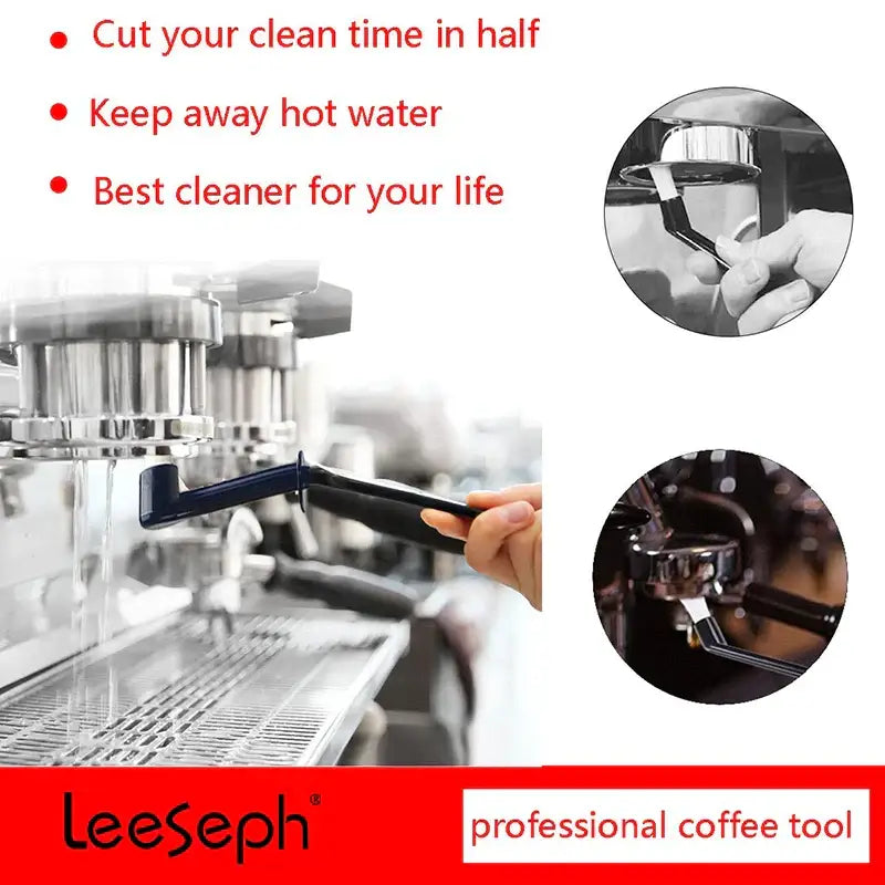 Black-handled decorbites coffee brush spoon with curved metallic head for espresso machine cleaning and maintenance