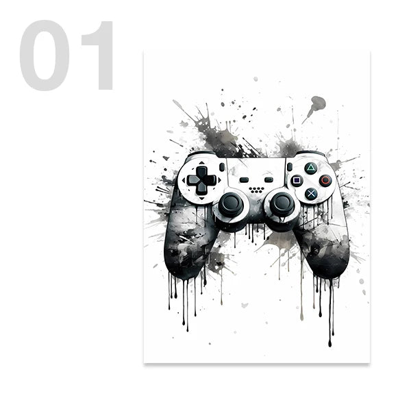Black and White Game Controller Wall Art - Pattern01 / 13x18cm No Frame