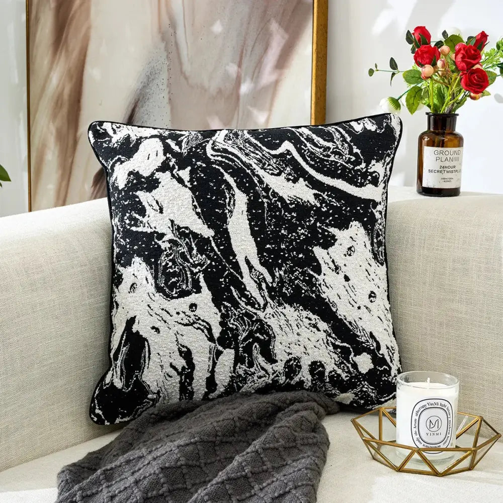 Black and white geometric chenille pillow cover with textured woven fabric for living room decorbites decor