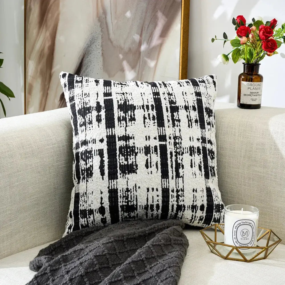 Black and white geometric chenille pillow cover with textured woven fabric for living room decorbites decor
