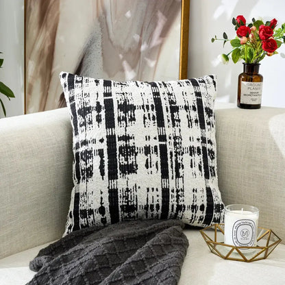 Black and white geometric chenille pillow cover with textured woven fabric for living room decorbites decor