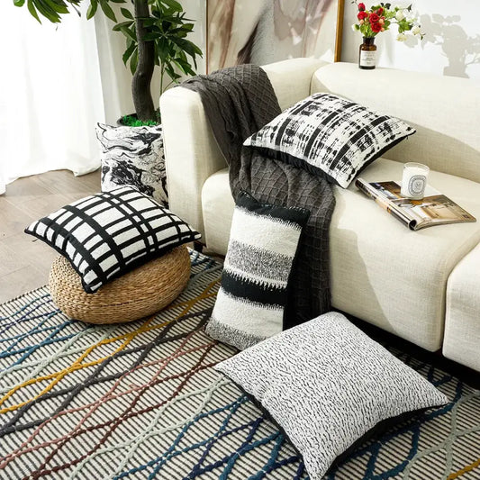 Black and white geometric chenille pillow cover with textured fabric design for living room decorbites decorbites geometric chenille pillow