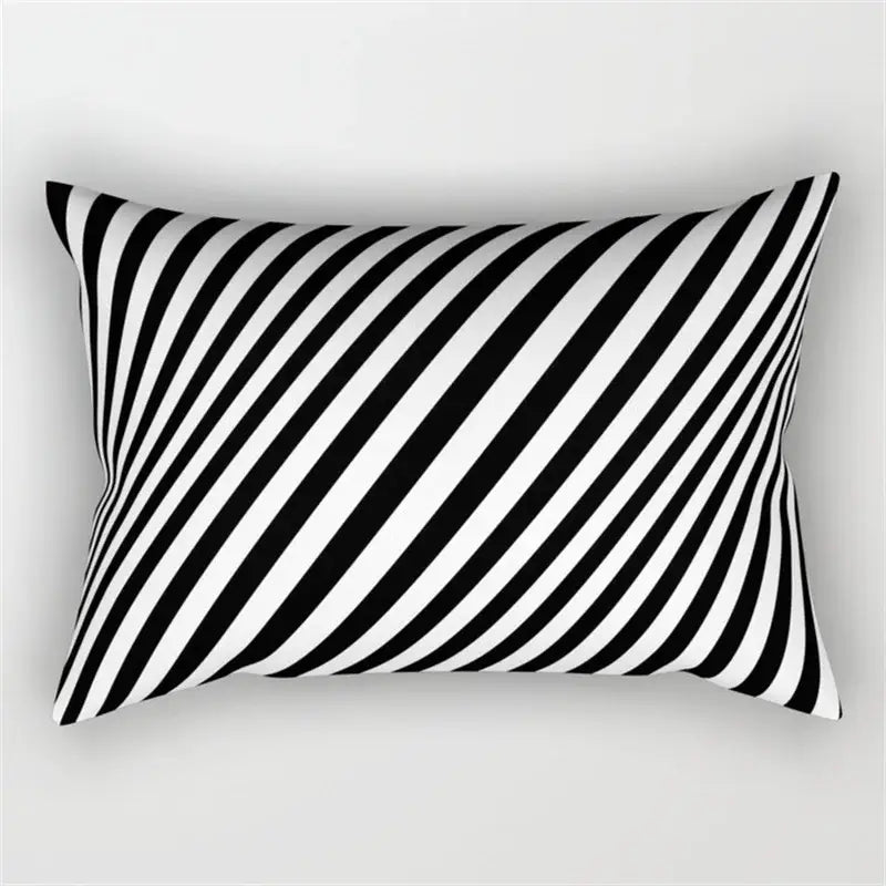 Rectangular pillow with bold black and white diagonal stripes featuring geometric wave line design for bedroom decor