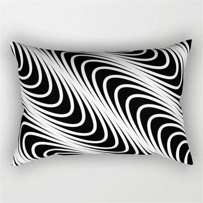 Rectangular black and white pillowcase set with bold geometric wave line pattern for modern bedroom decor