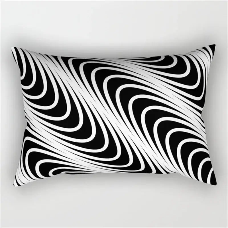 Rectangular black and white pillowcase set with bold geometric wave line pattern for modern bedroom decor