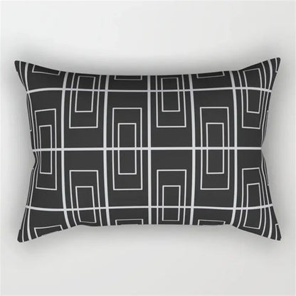 Black rectangular pillow with modern white outlined rectangles featuring geometric wave line pattern for bedroom decor