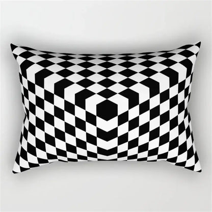 Rectangular pillow with a bold black and white geometric wave line pattern for bedroom decor