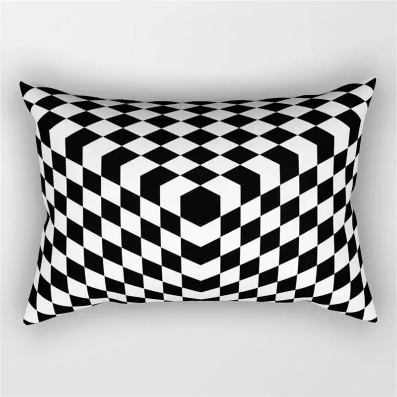 Rectangular pillow with a bold black and white geometric wave line pattern for bedroom decor