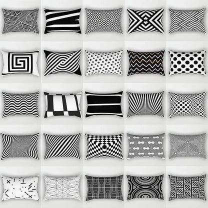 A collection of black and white geometric wave line rectangular pillowcases arranged in a grid for bedroom decor