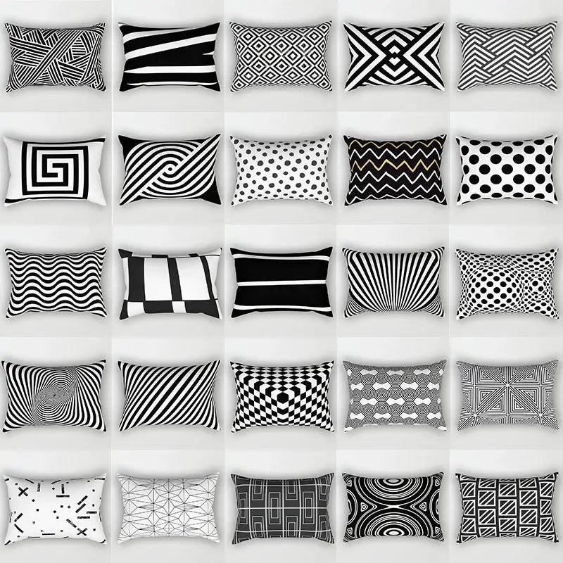 A collection of black and white geometric wave line rectangular pillowcases arranged in a grid for bedroom decor
