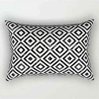 Rectangular pillow with bold black and white geometric wave line diamond pattern for bedroom decor