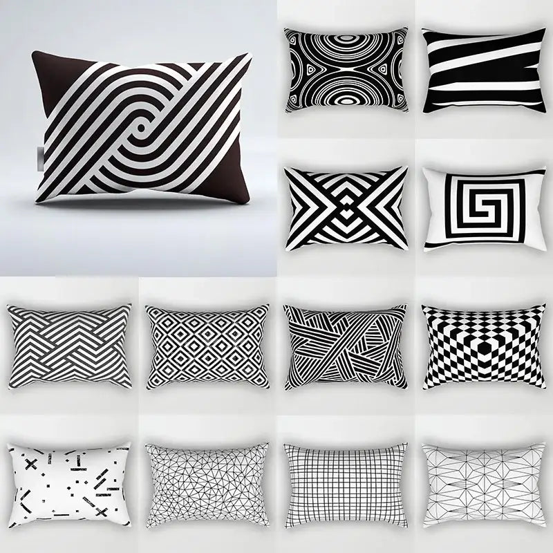 Black and white geometric wave line pillowcase with bold swirling lines for bedroom decor and home accents