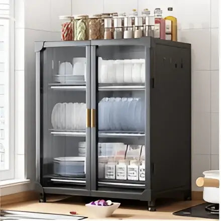 Black glass-door kitchen cupboard storage rack with gold handles and wire mesh shelves for decorbites kitchen cupboard storage
