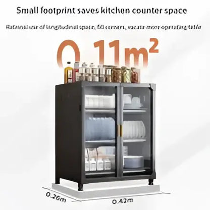 Black and white glass door kitchen cupboard storage rack with black glass-door refrigerator and silver handles for kitchen cupboard storage
