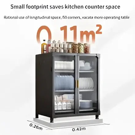 Black and white glass door kitchen cupboard storage rack with black glass-door refrigerator and silver handles for kitchen cupboard storage