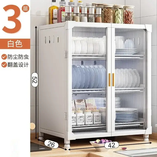 White three-tier decorbites kitchen cupboard storage rack with glass doors gold handles and mesh wire plate storage design