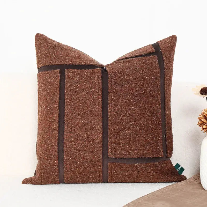 Brown wool throw pillow with dark brown leather geometric trim for green jungle plants pillow cover living room suede