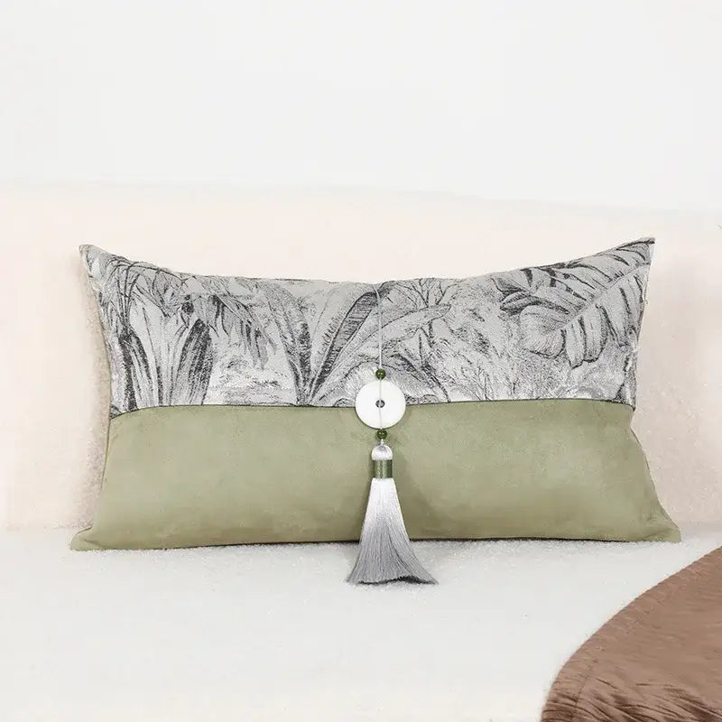 Rectangular pillow cover with green jungle plants gray white botanical print and solid sage green suede material