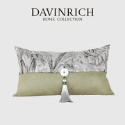 A davinrich home collection pillow cover with black and white green jungle plants print and olive green suede panel