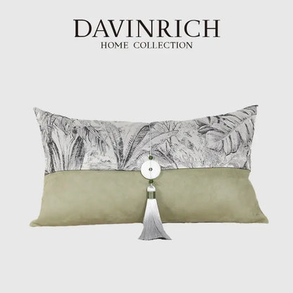 A davinrich home collection pillow cover with black and white green jungle plants print and olive green suede panel